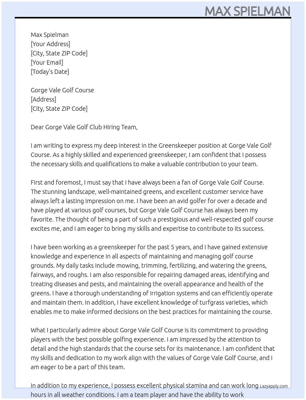 greenskeeper At Gorge Vale Golf Course Cover Letter