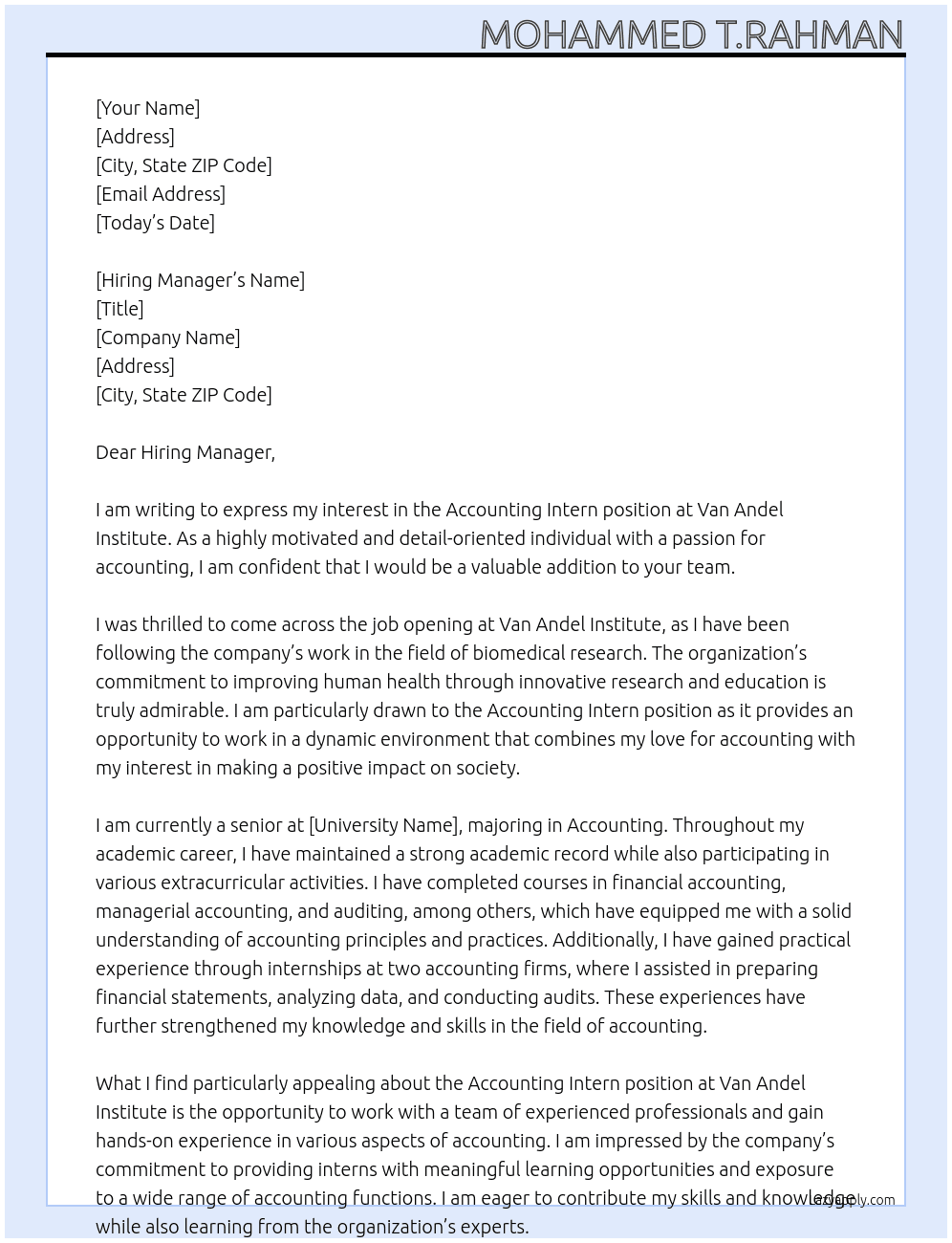 Accounting Intern At Van Andel Institute  Cover Letter