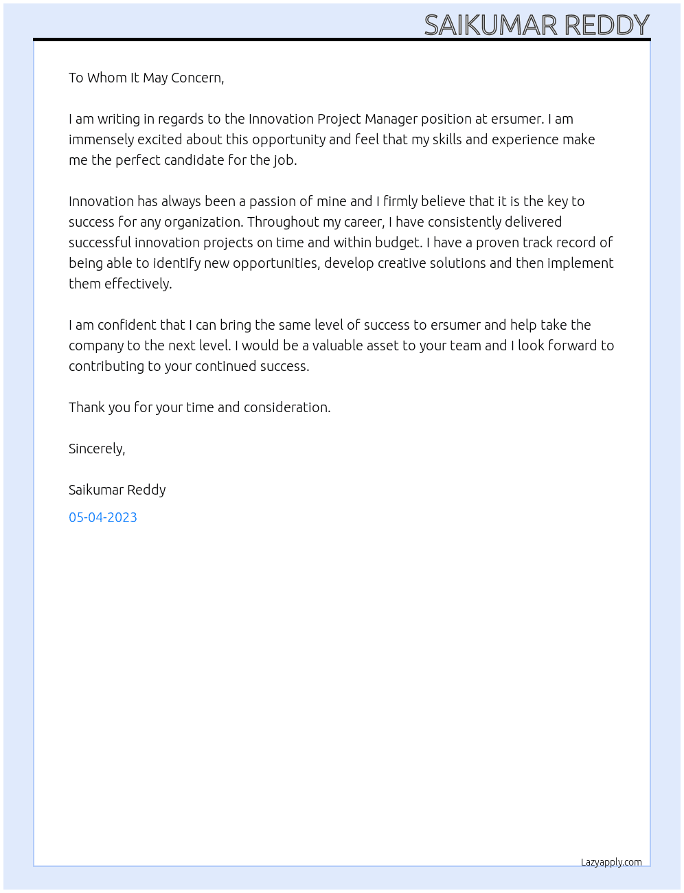 innovation project manager At ersumer Cover Letter