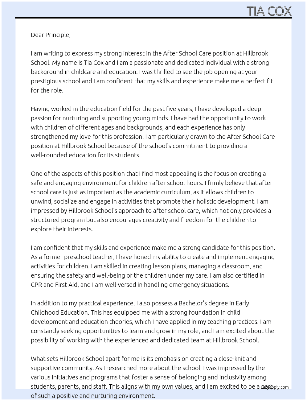 After school care At hillbrook school Cover Letter
