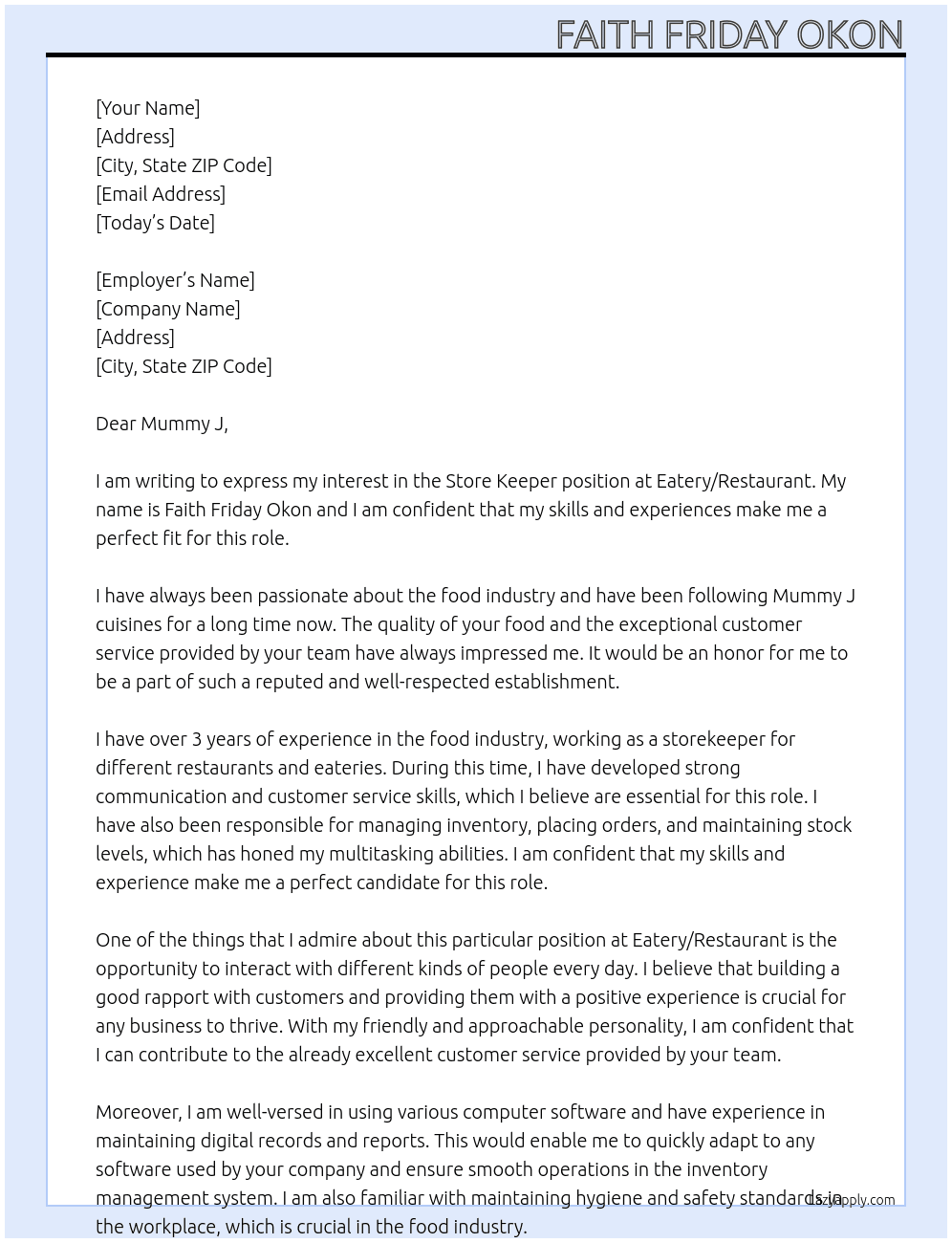 store keeper At Eatery/Restaurant Cover Letter