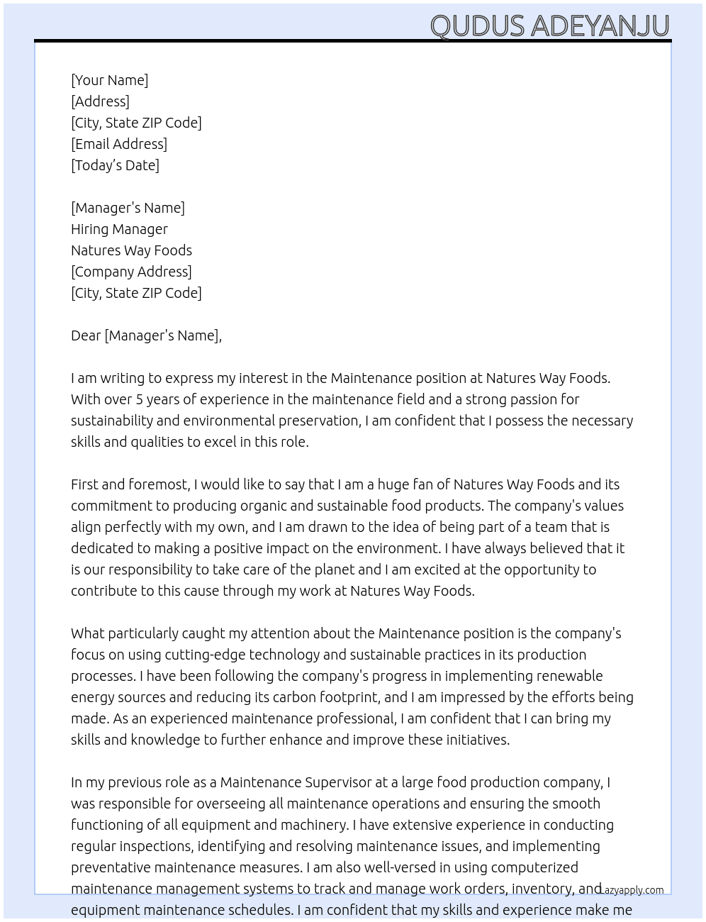 Maintenance  At Natures Way Foods Cover Letter