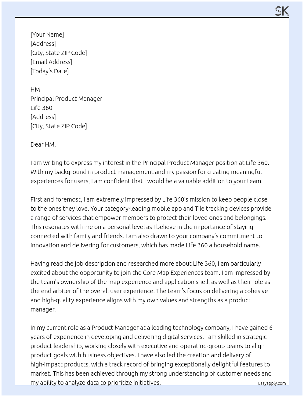 Principal Product Manager At Life 360 Cover Letter