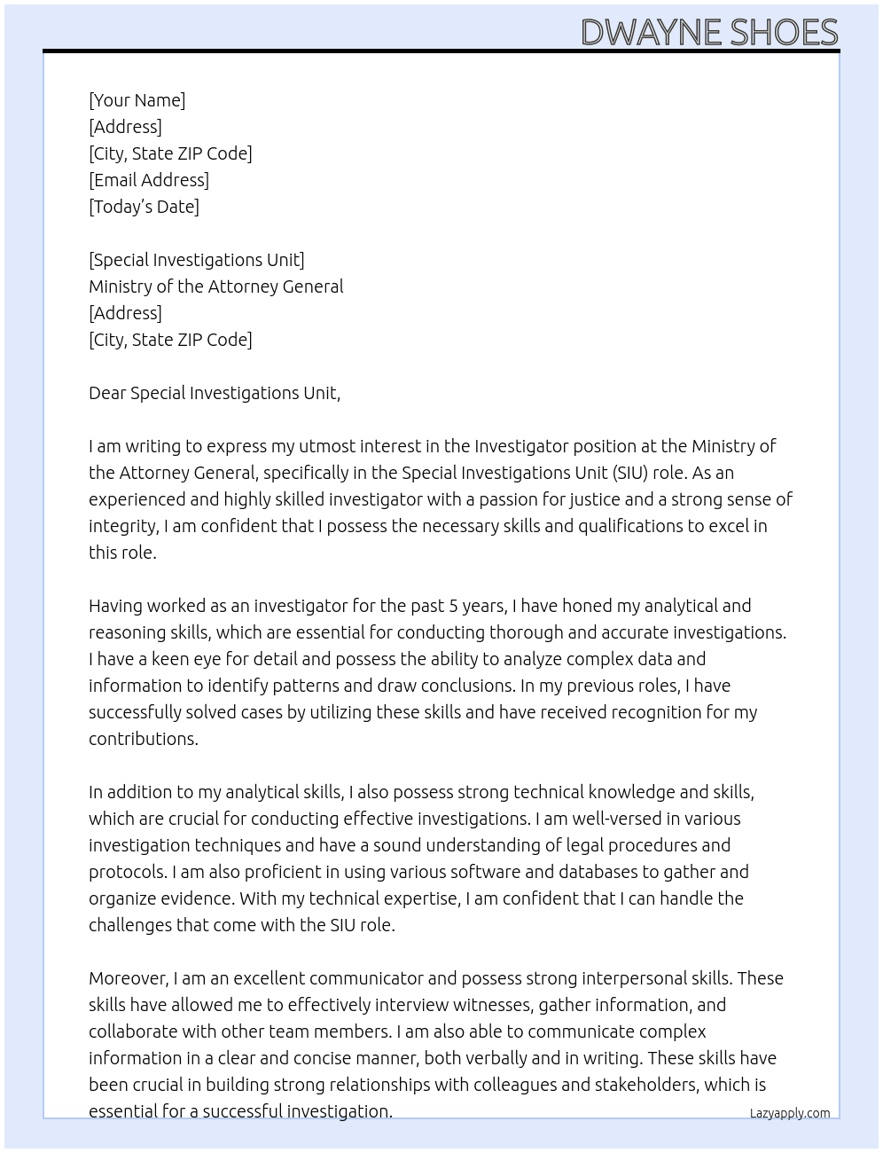 Investigator At Ministry of the Attorney General Cover Letter