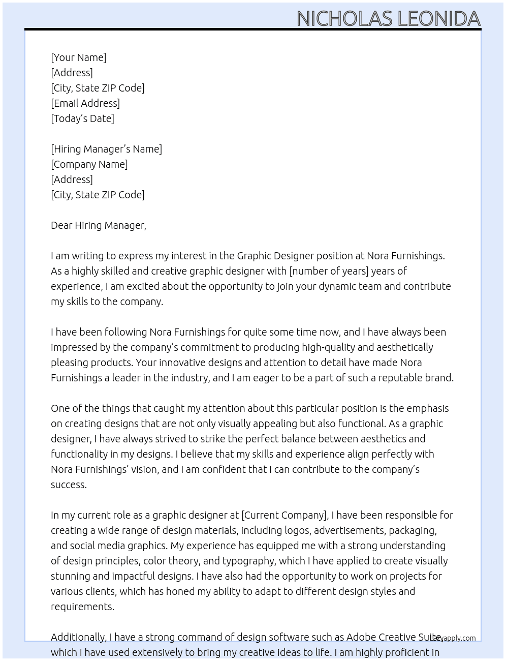 Graphic designer At nora furnishings Cover Letter