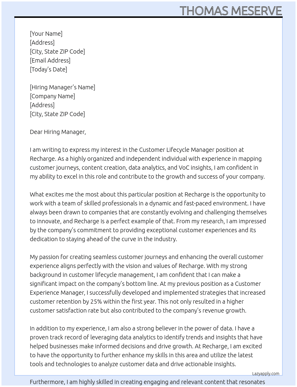 Customer Lifecycle Manager At Recharge Cover Letter
