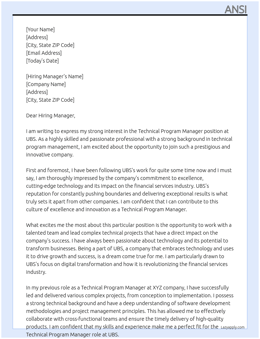 Technical Program Manager At UBS Cover Letter