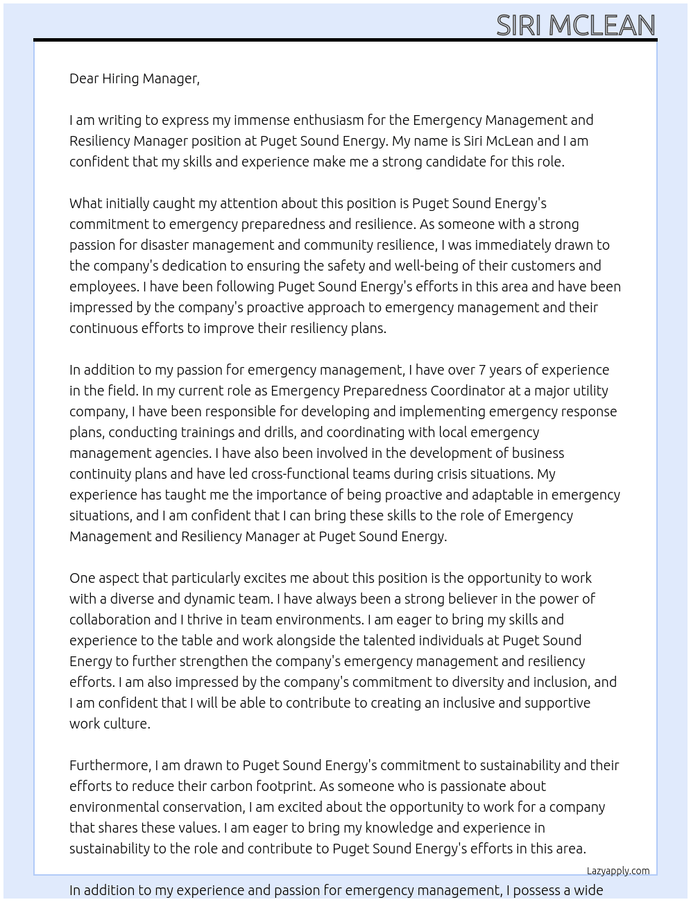Emergency Management and Resiliency Manager At Puget Sound Energy Cover Letter