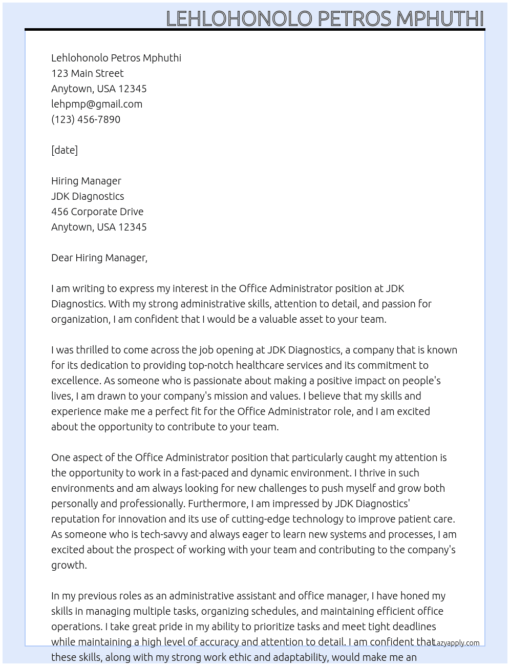 Office Administrator At JDK Diagnostics  Cover Letter