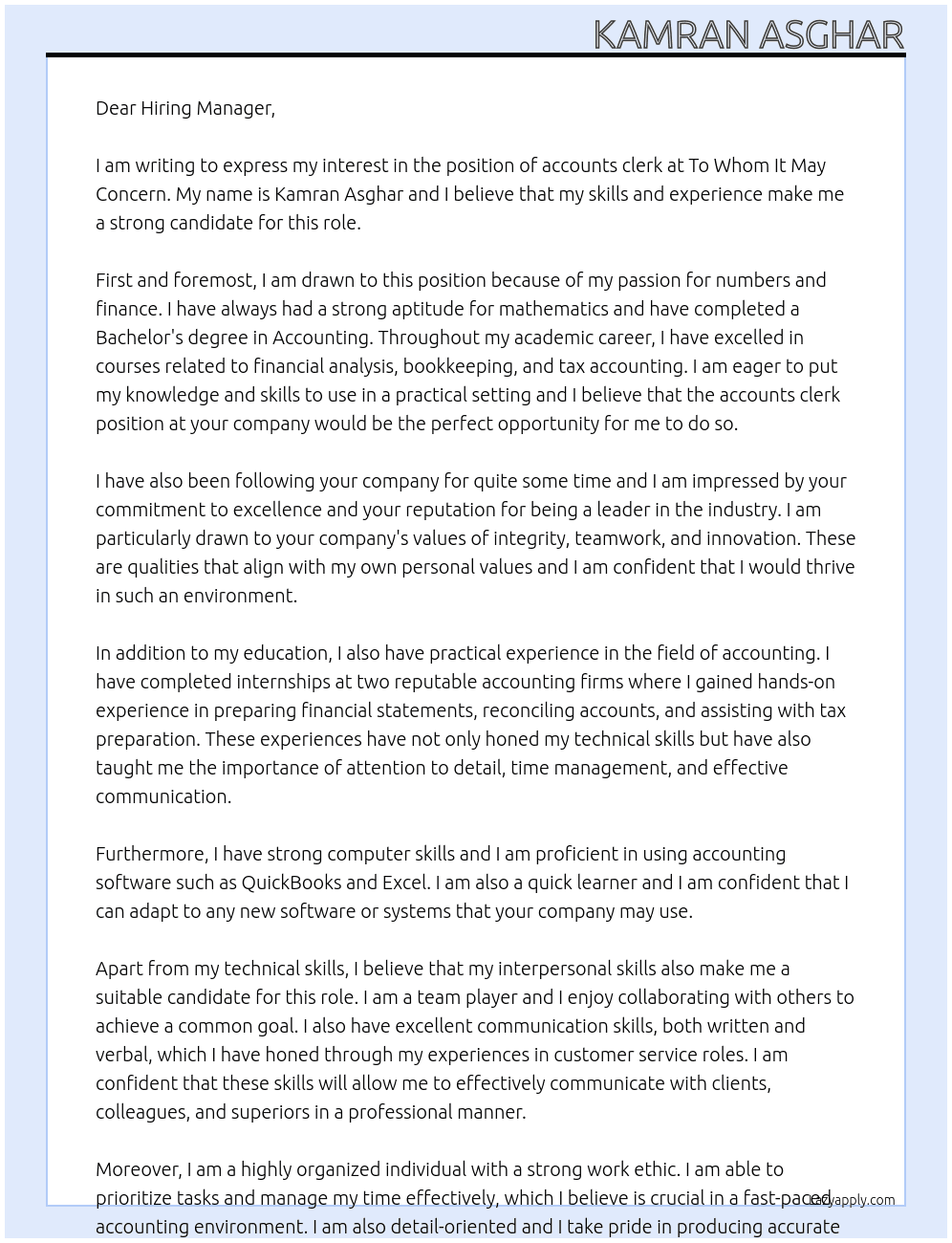accounts clerk At to whom it may concern Cover Letter