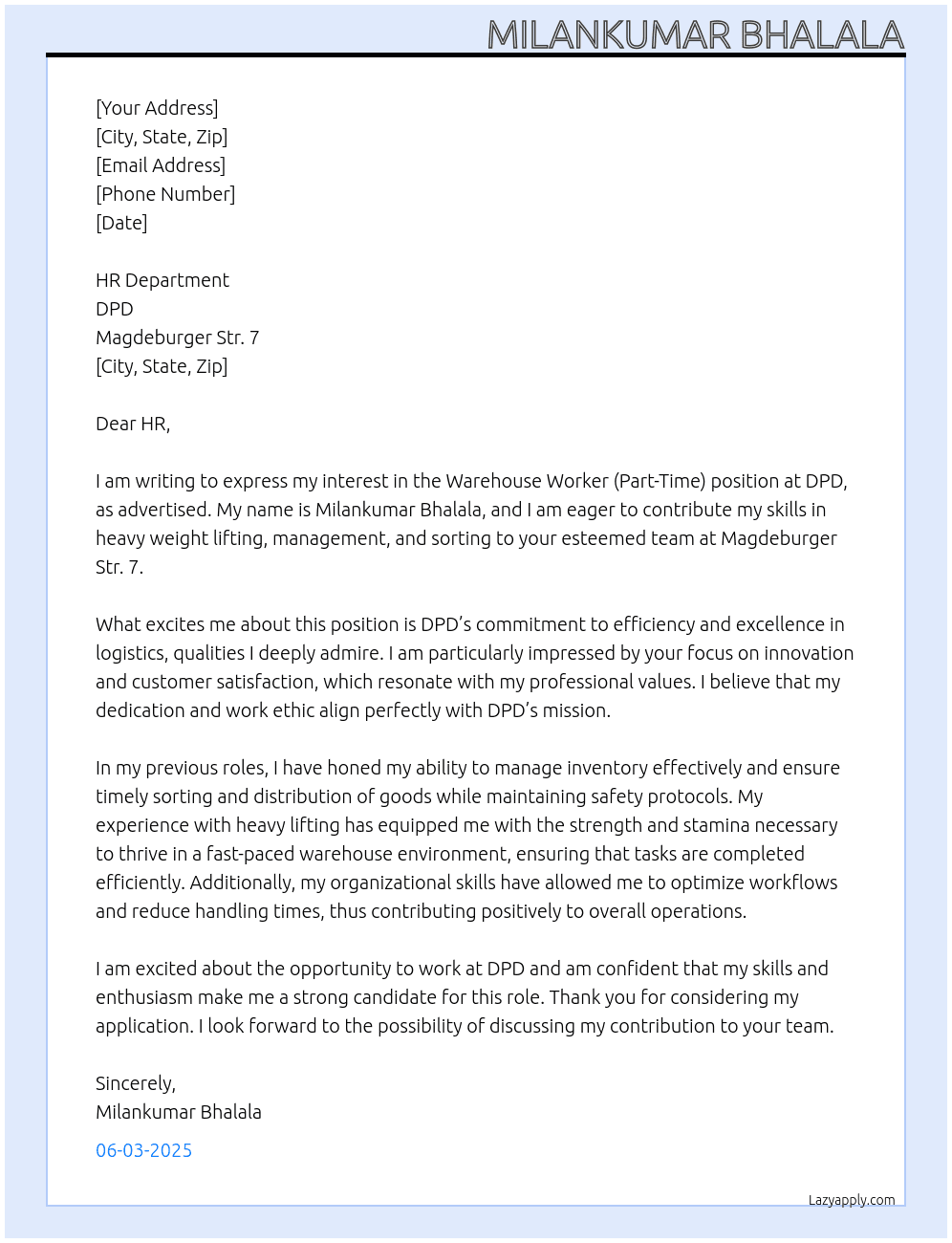 Warehouse worker At DPD Cover Letter