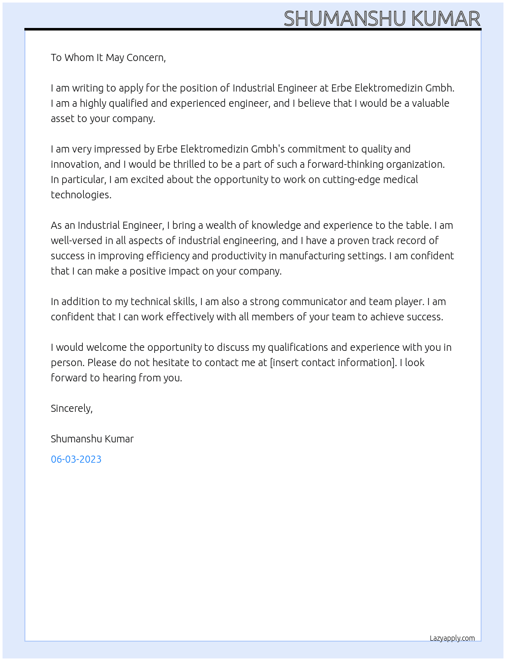 Industrial Engineer At Erbe Elektromedizin Gmbh Cover Letter