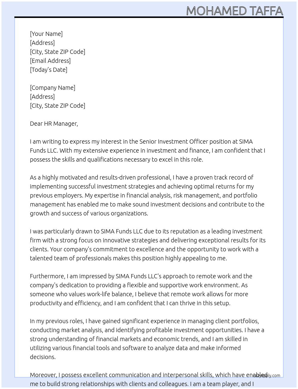 Senior Investment Officer At SIMA Funds LLC Cover Letter