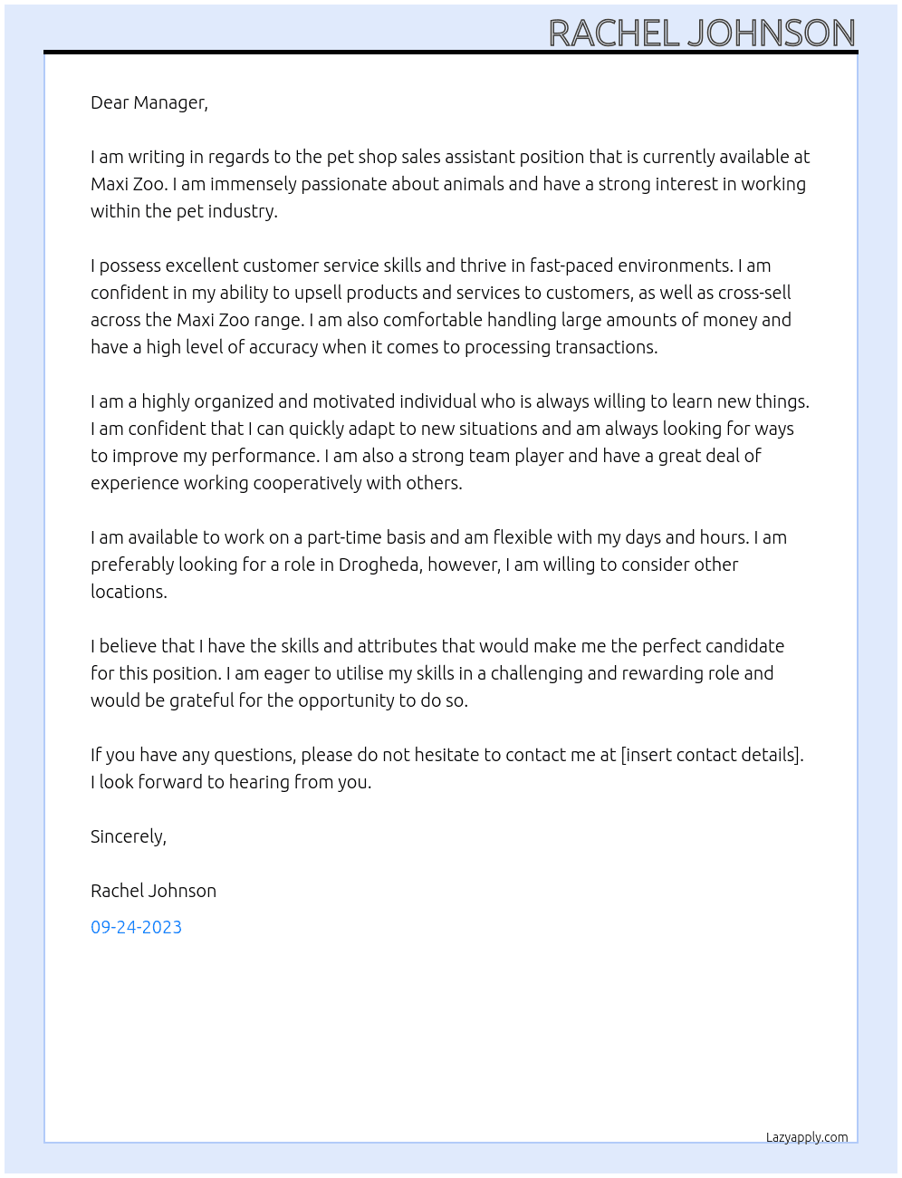 pet shop sales assistant At maxi zoo Cover Letter