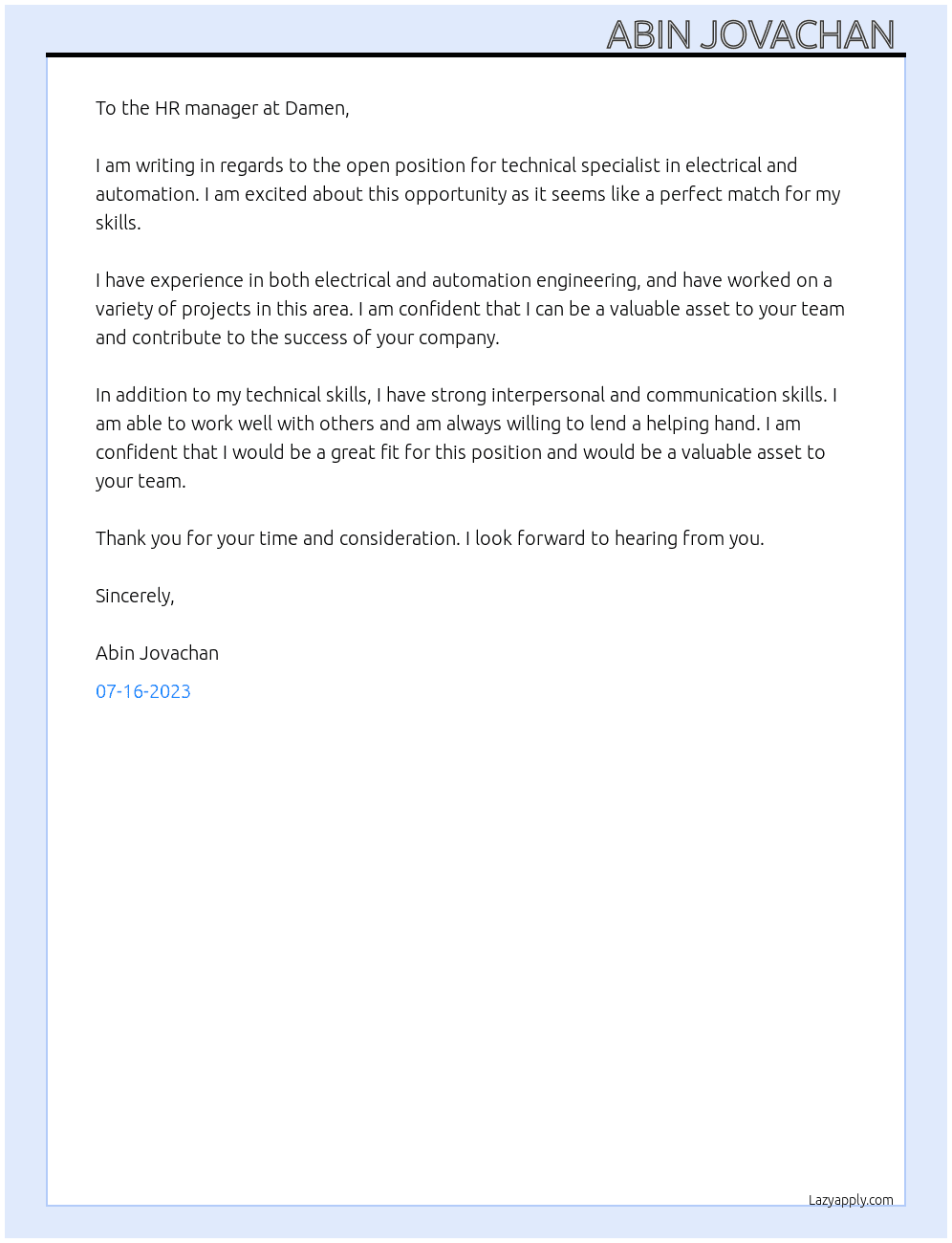 Technical specialist Electrical and Automation  At Damen Cover Letter