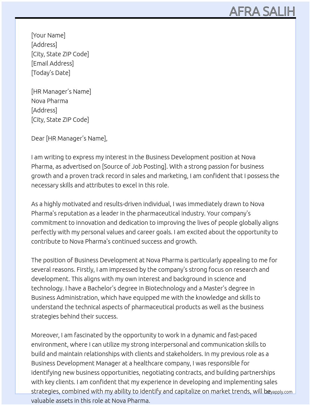Business Development  At Nova Pharma Cover Letter