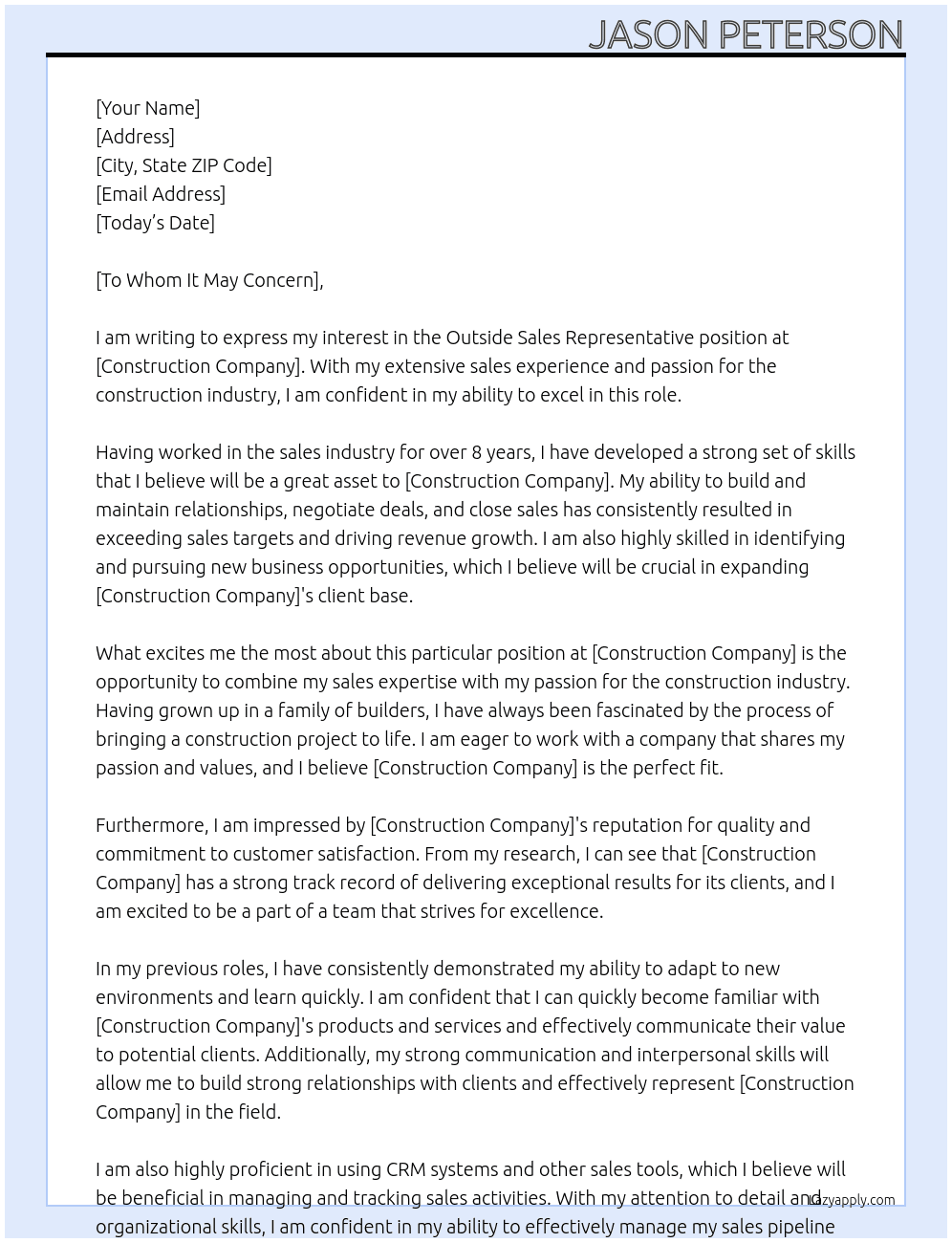 Outside Sales Representative At Construction  Cover Letter