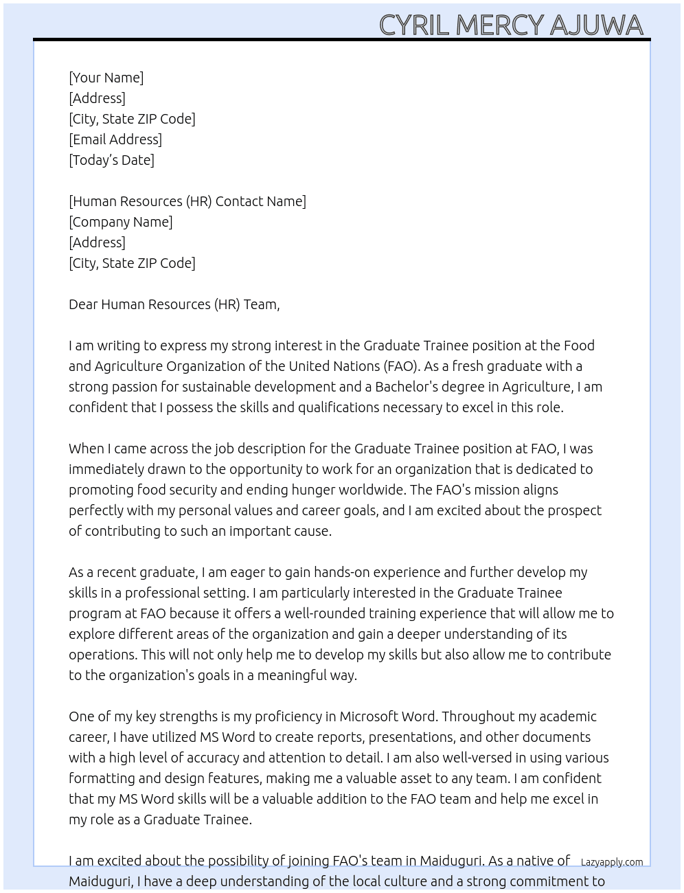 Graduate Trainee (fresh Graduate) At Food and Agriculture organization of the united nations Cover Letter