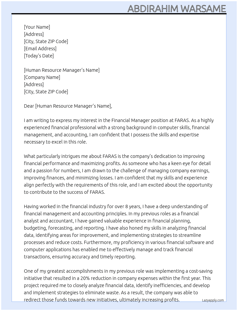 Financial Manager  At FARAS Cover Letter