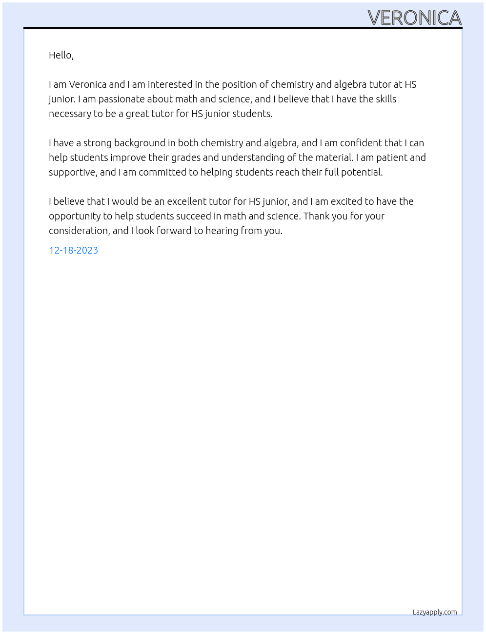 chemistry and algebra tutor At HS junior Cover Letter