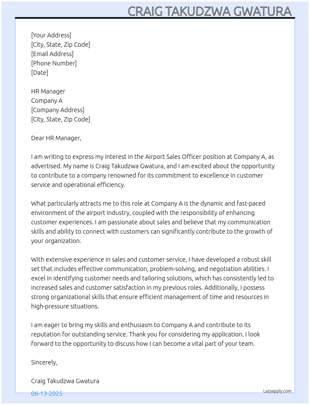 Cover letter for airport salels officer - LazyApply