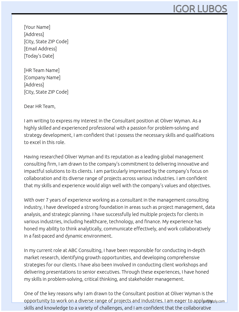 Consultant At Oliver Wyman Cover Letter