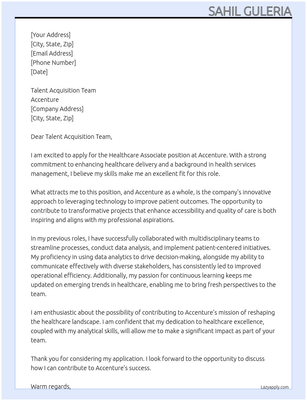 Cover letter for healthcare associate - LazyApply