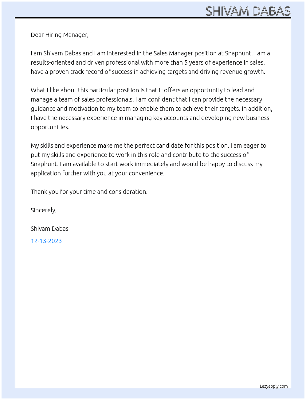 sales manager At Snaphunt Cover Letter
