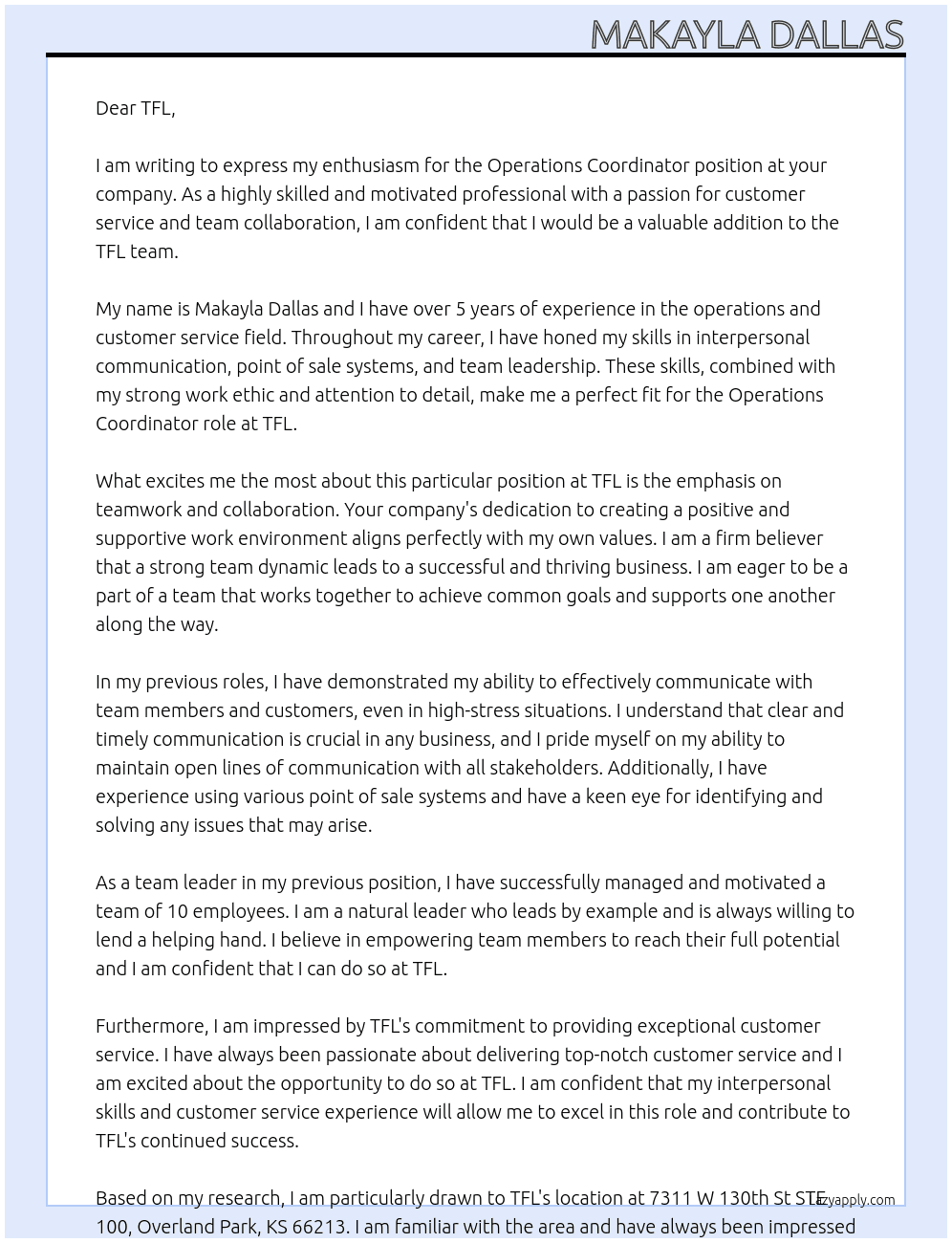 Operations Coordinator At TFL Cover Letter