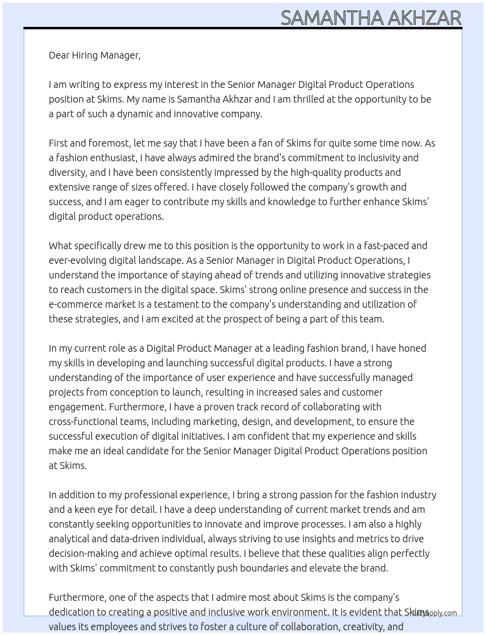 Senior Manager Digital Product Operations At Skims Cover Letter