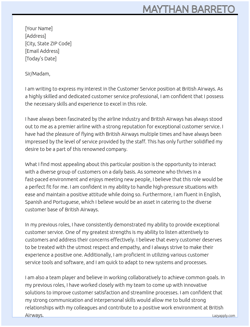 Customer service  At British Airways  Cover Letter
