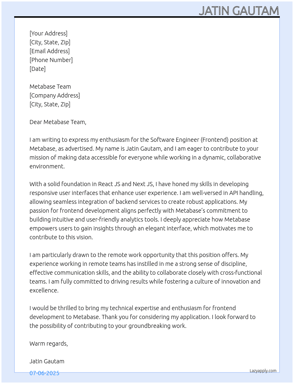 Software Engineer (Frontend) At Metabase Cover Letter