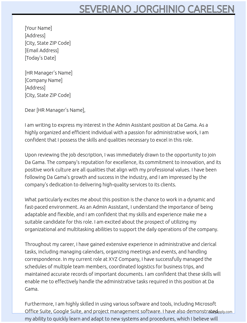 Admin Assistant At Da Gama Cover Letter