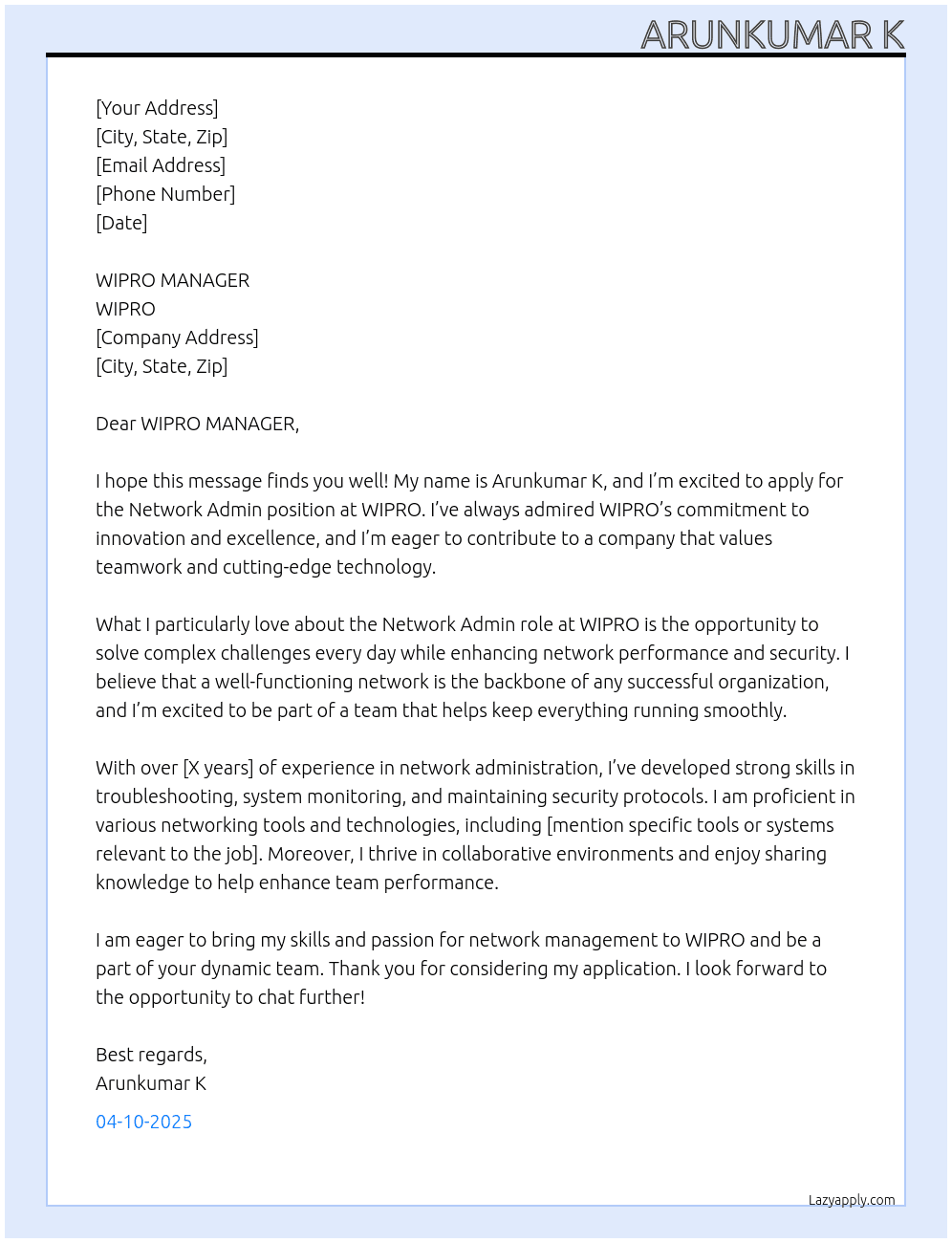 Cover letter for network admin - LazyApply