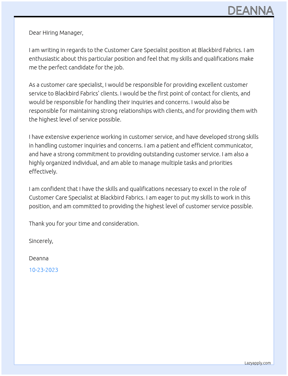 Customer Care Specialist At Blackbird Fabrics Cover Letter