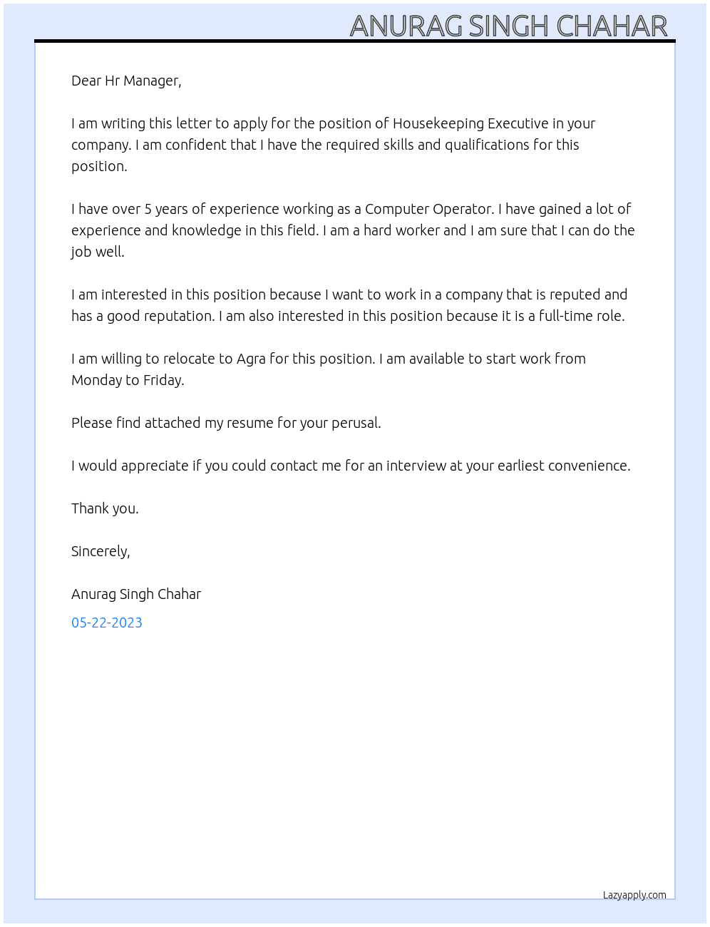 Housekeeping Executive  At Mariott  Cover Letter