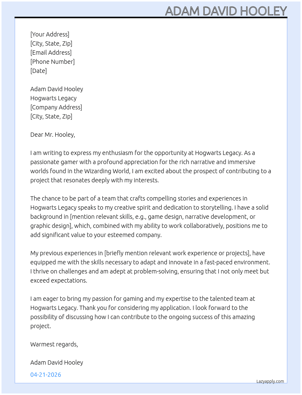 Cover letter for hogwarts legacy - LazyApply