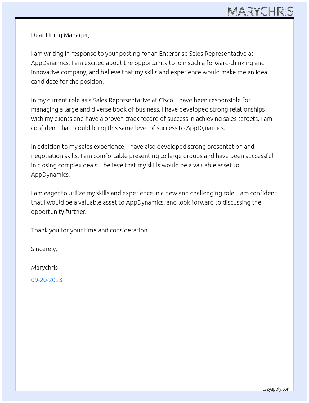 AppDynamics Enterprise Sales Representative At Cisco- AppDynamics Cover Letter