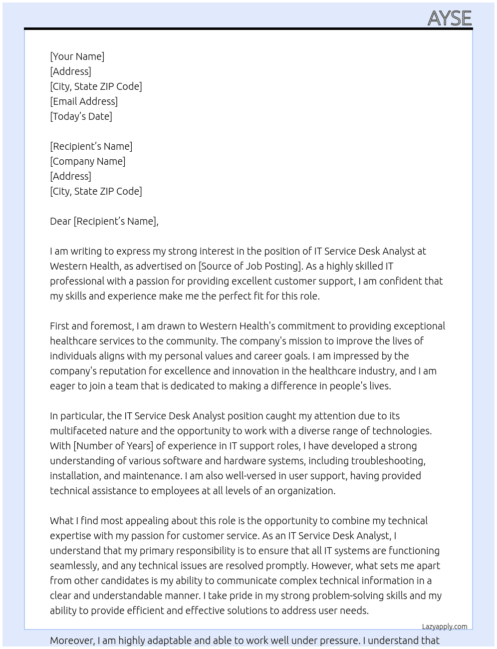 It service desk analyst At Western Health Cover Letter