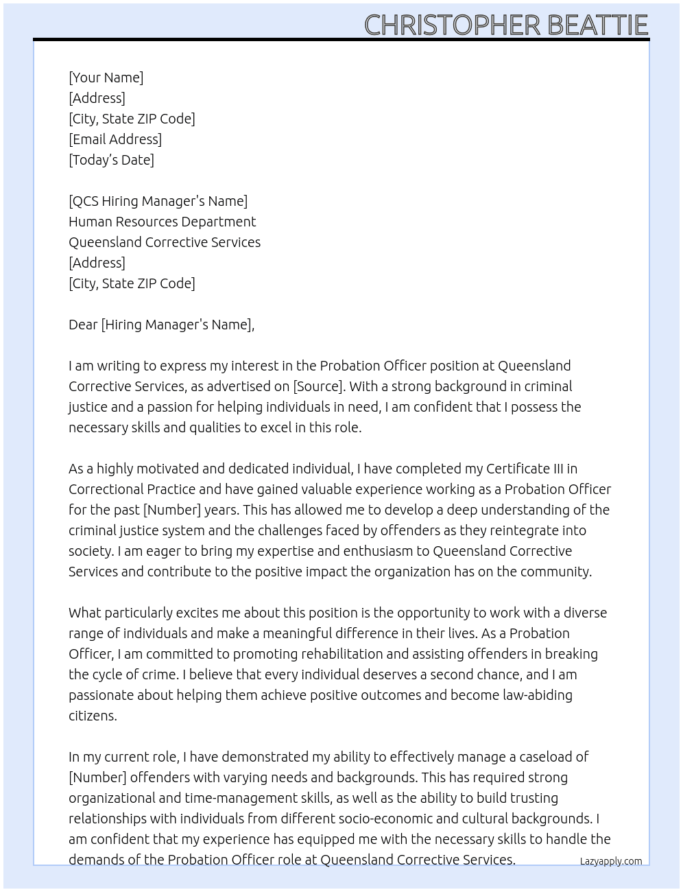 Probation Officer At Queensland Corrective Services  Cover Letter