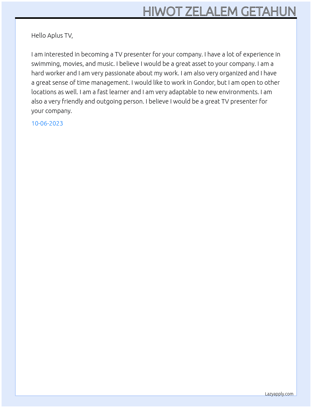 TV presenter At Aplustvethiopia Cover Letter