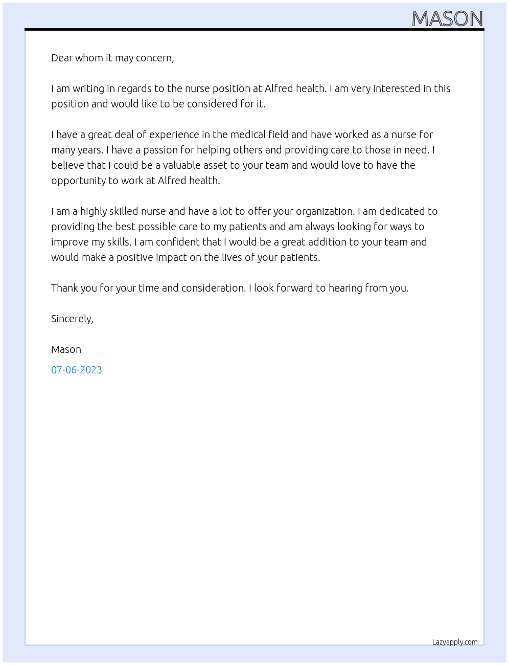 Nurse At Alfred health Cover Letter