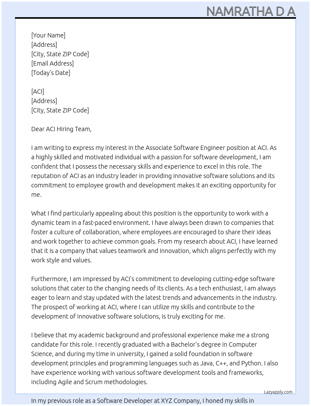  Associate software engineer At ACI  Cover Letter