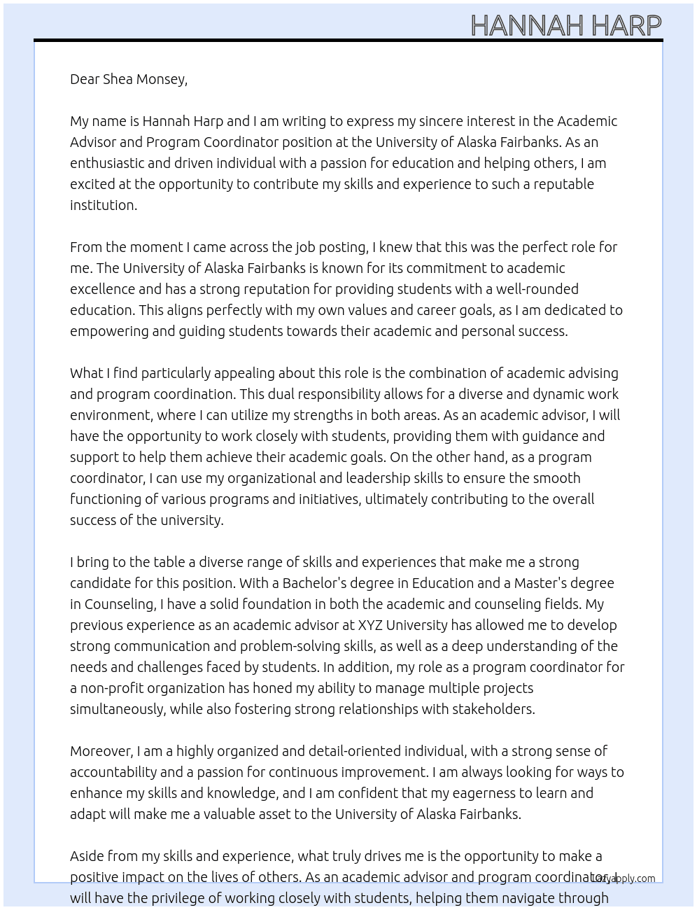Academic Advisor and Program Coordinator At University of Alaska Fairbanks Cover Letter