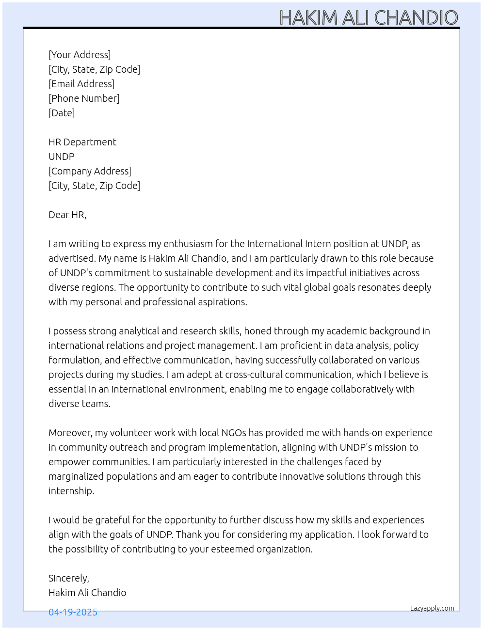 Cover letter for international intern - LazyApply