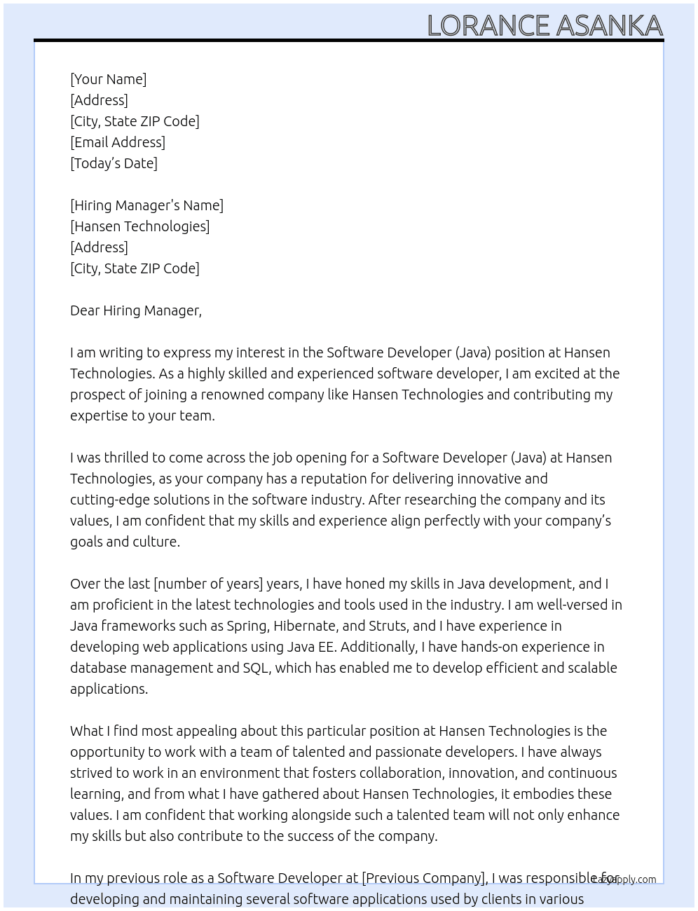 Software Developer (Java) At Hansen Technologies Cover Letter