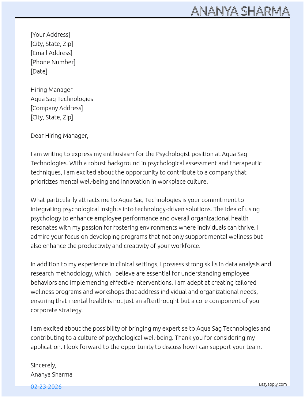 psychologist At aqua Sag Technologies Cover Letter
