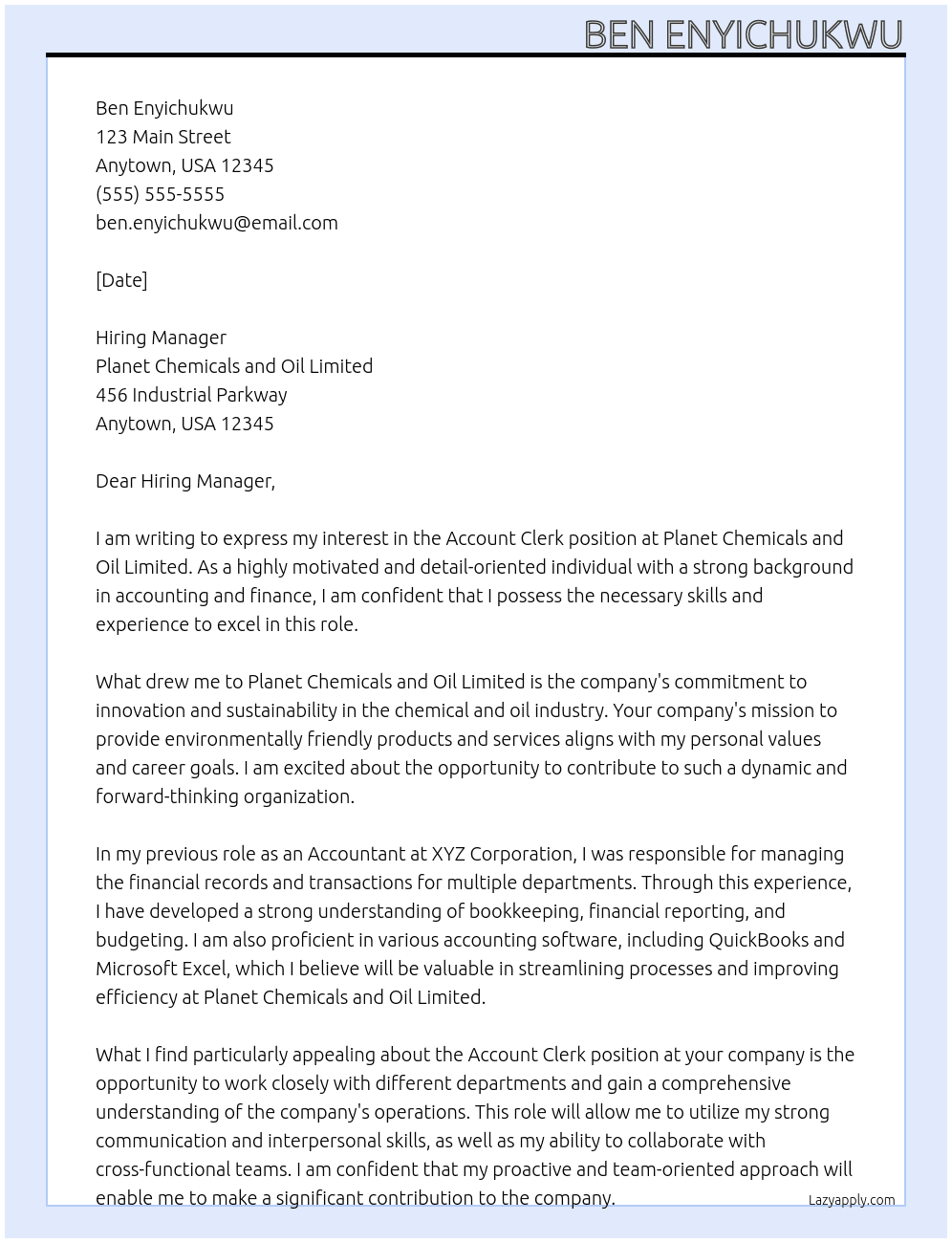 Account Clerk At Planet Chemicals and Oil Limited Cover Letter
