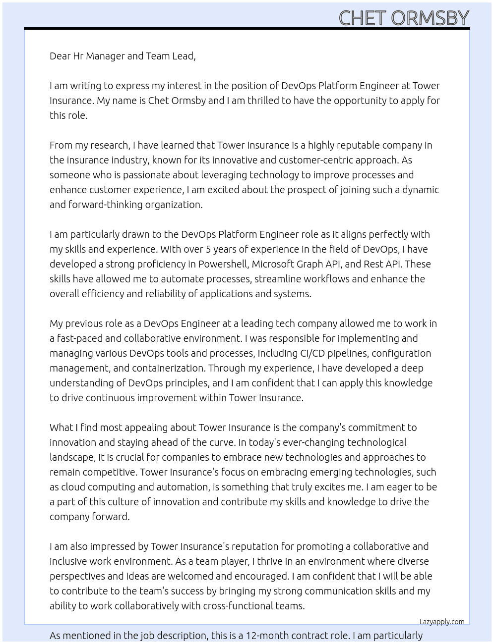 DevOps Platform Engineer At Tower Insurance Cover Letter