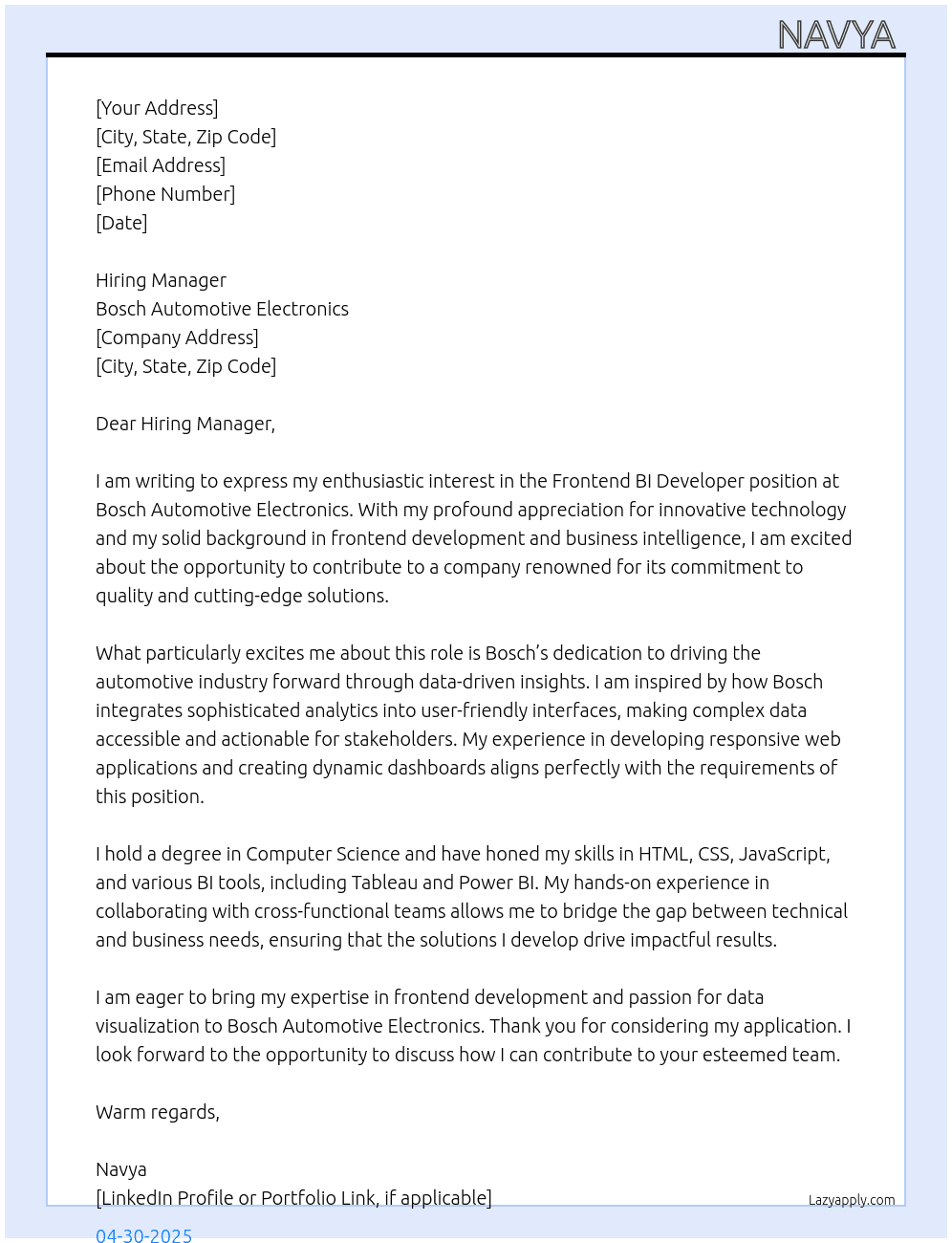Frontend bi developer  At Bosch Automotive Electronics  Cover Letter